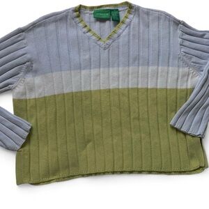 Women’s Green and Blue V-Neck Cotton Sweater
